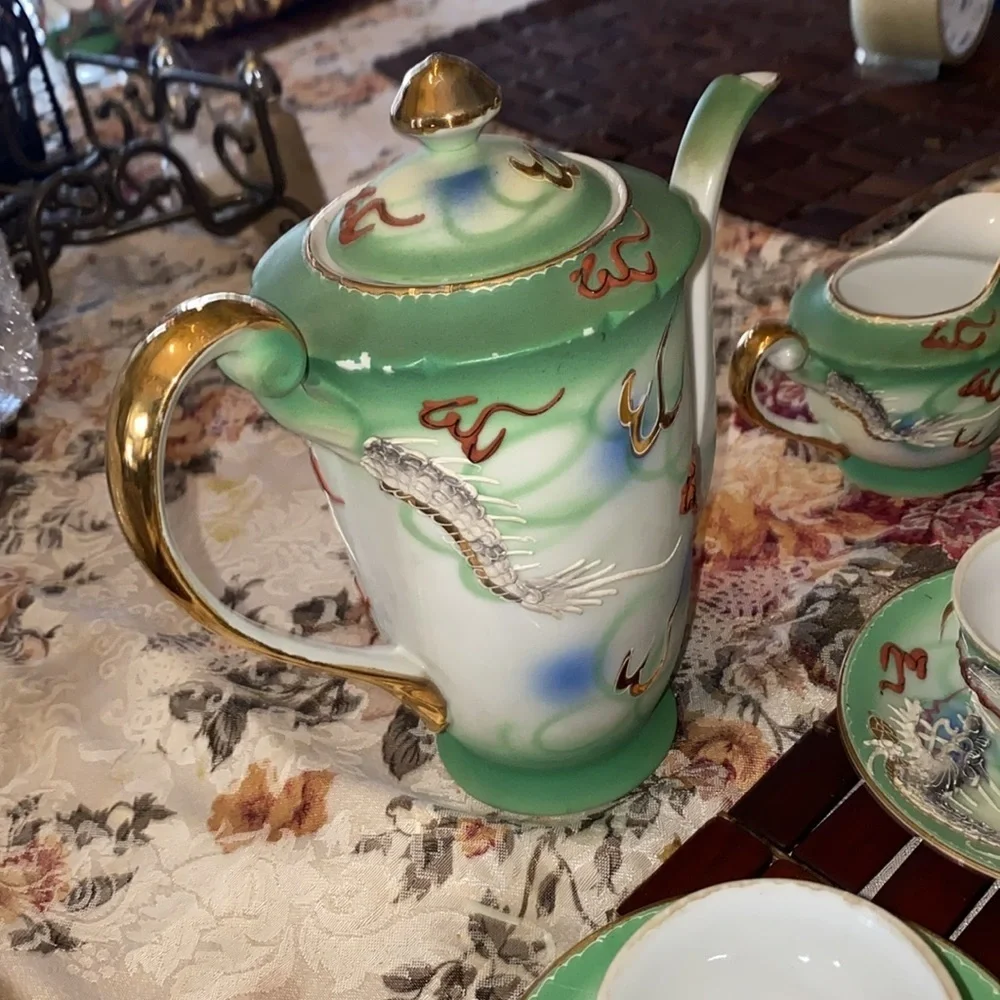 Vintage Dragonware Tea Set JB Betsons Green Hand Painted Moriage 14 pc set Japan